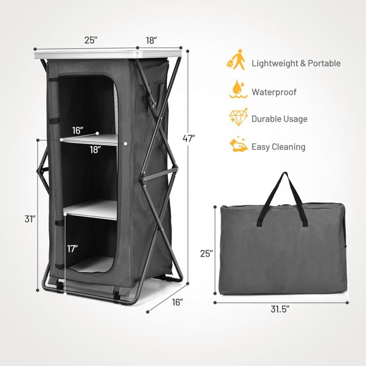 Folding camping storage cabinet with 3 shelves, waterproof fabric, and carry bag, ideal for outdoor activities.